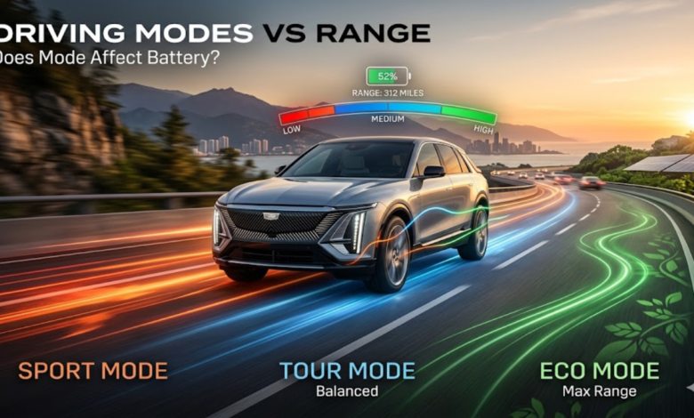 do the driving modes in cadillac lyriq offer different ranges or battery usages?